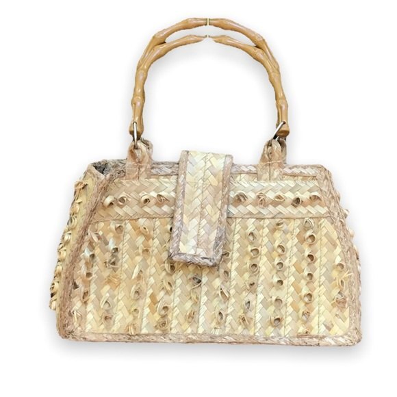 Handmade Woven Straw Bag Floral Lining Bamboo Look Handles Satchel - Picture 1 of 12